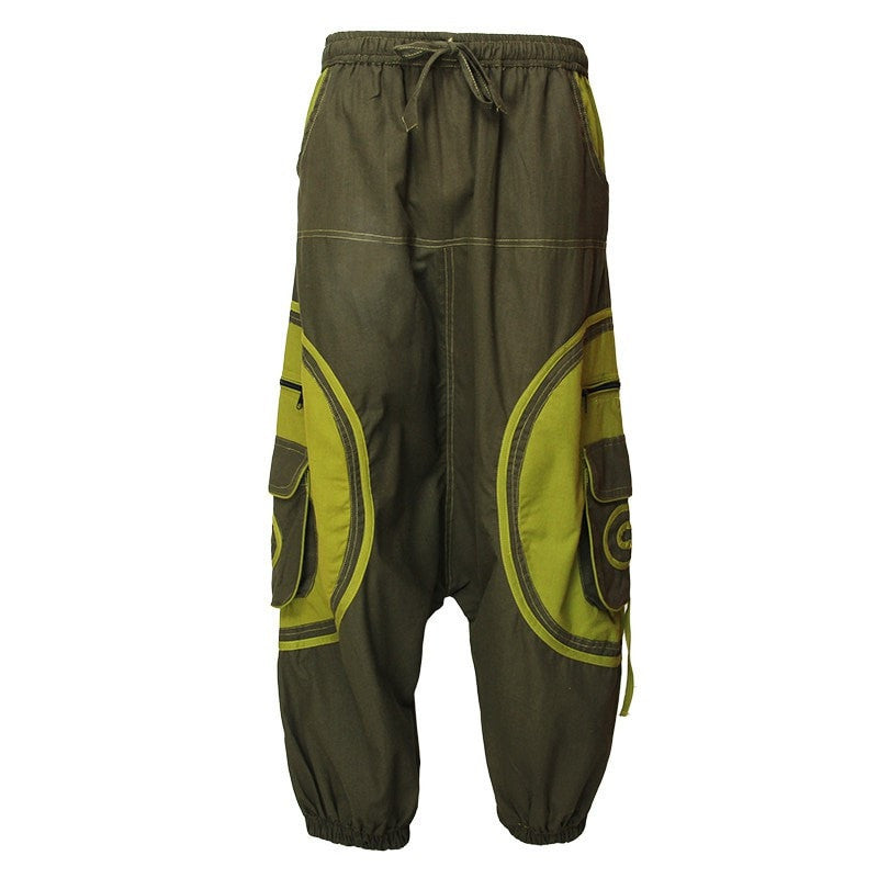 Harem Trousers Drop Crotch Spiral pattern pocket - Green, Front view