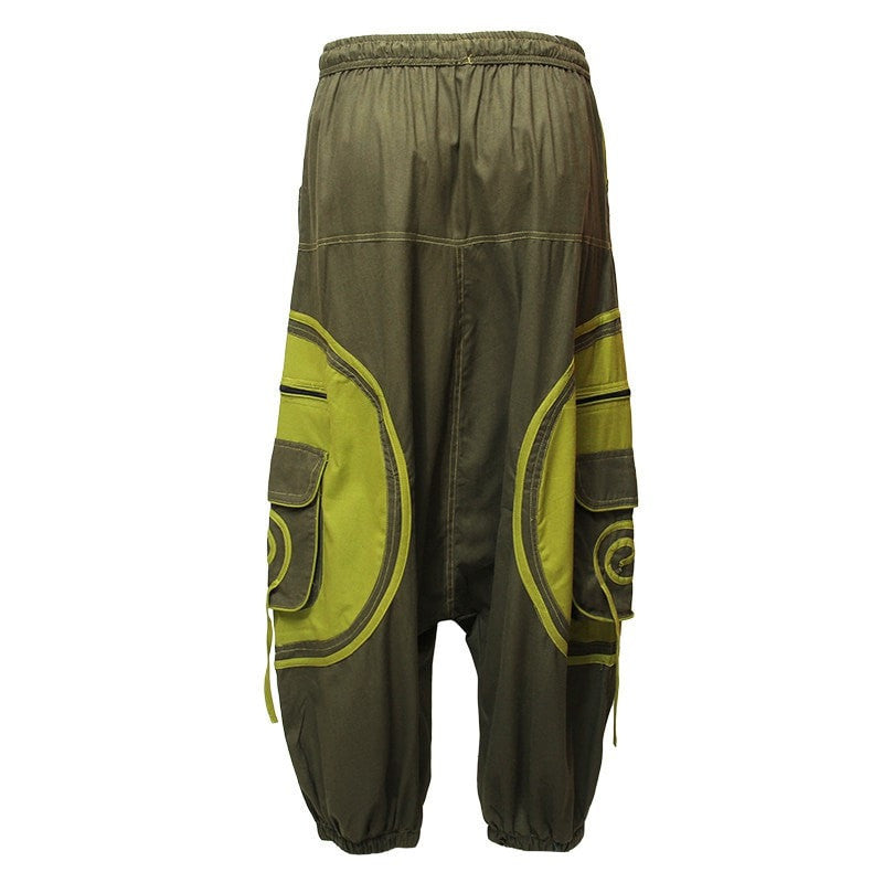 Harem Trousers Drop Crotch Spiral pattern pocket - Green ,Back View
