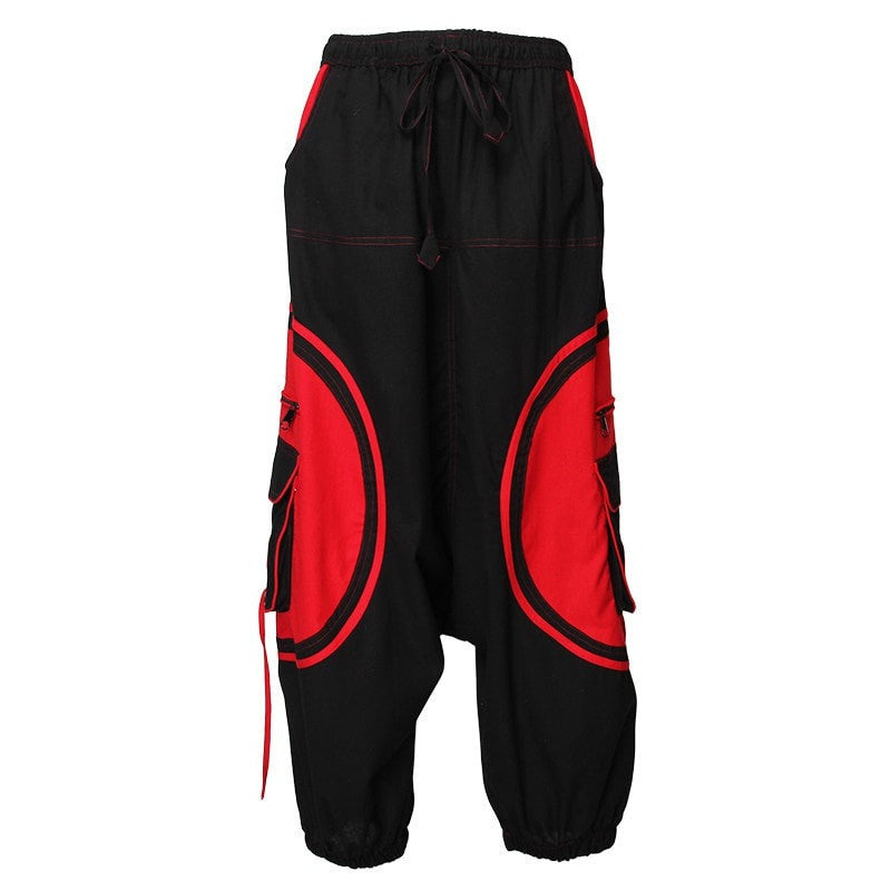 Harem Trousers Drop Crotch Spiral pattern pocket - Red/Black, Front view