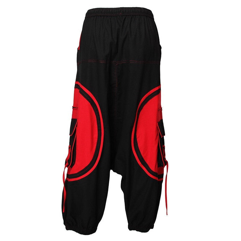 Harem Trousers Drop Crotch Spiral pattern pocket - Red/Black, Back view
