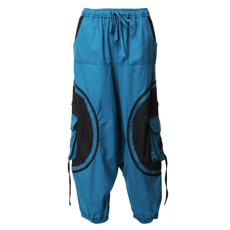 Harem Trousers Drop Crotch Spiral pattern pocket - Turquoise, Front view