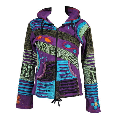 Purple zip up hoodie stonewashed purple, printed green and blue and black ripped patchwork with a pixie hood