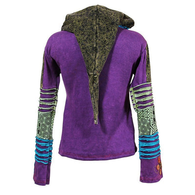 Purple zip up hoodie stonewashed purple, printed green and blue and black ripped patchwork with a pixie hood - Back view