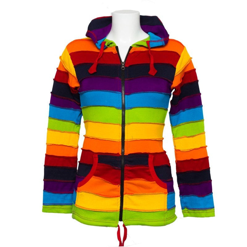 Shopaholic Fashion Women's Colourful Festival Jacket, Rainbow Stripe Pixie Rib Hoodie [S