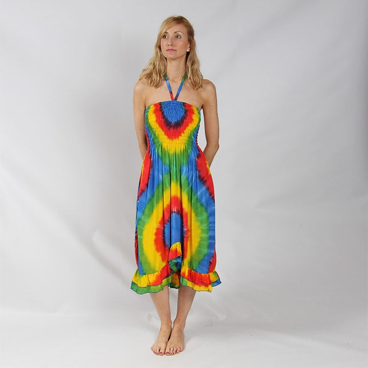 Rainbow Halterneck Bandeau Dress - Modelled, front view