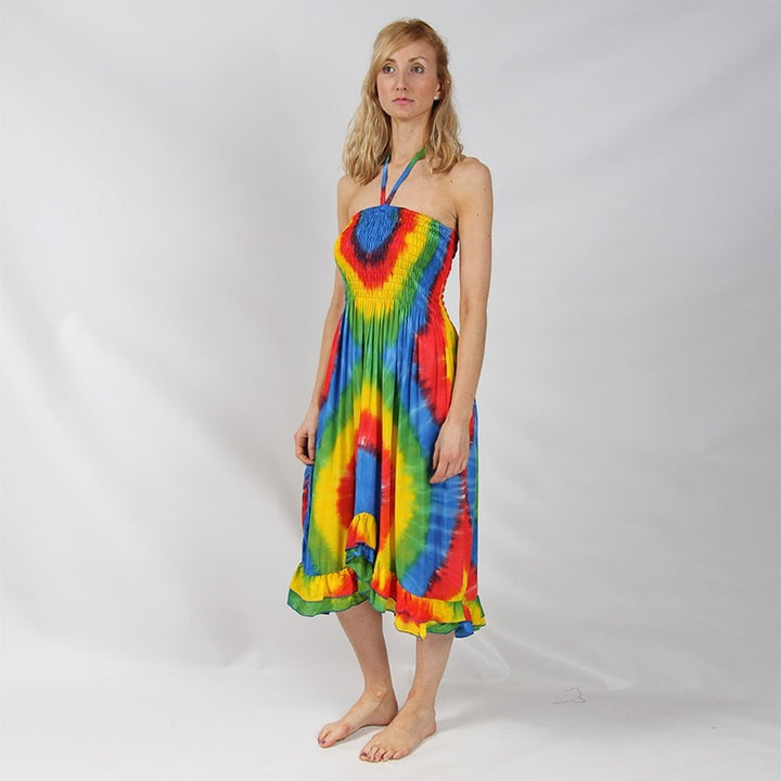 Rainbow Halterneck Bandeau Dress - Modelled, Side view