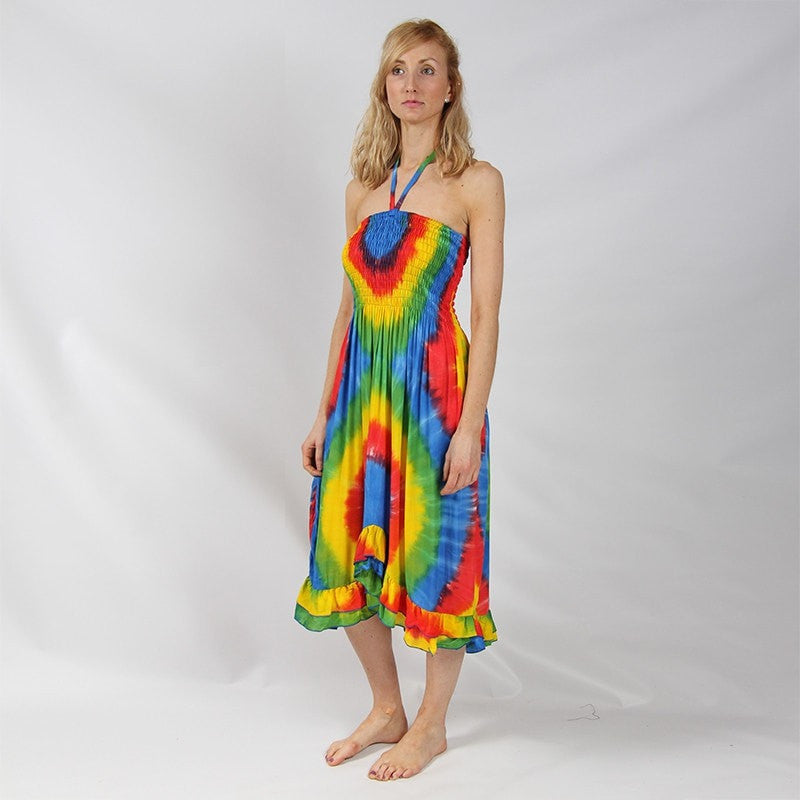 Rainbow Halterneck Bandeau Dress - Modelled, Side view