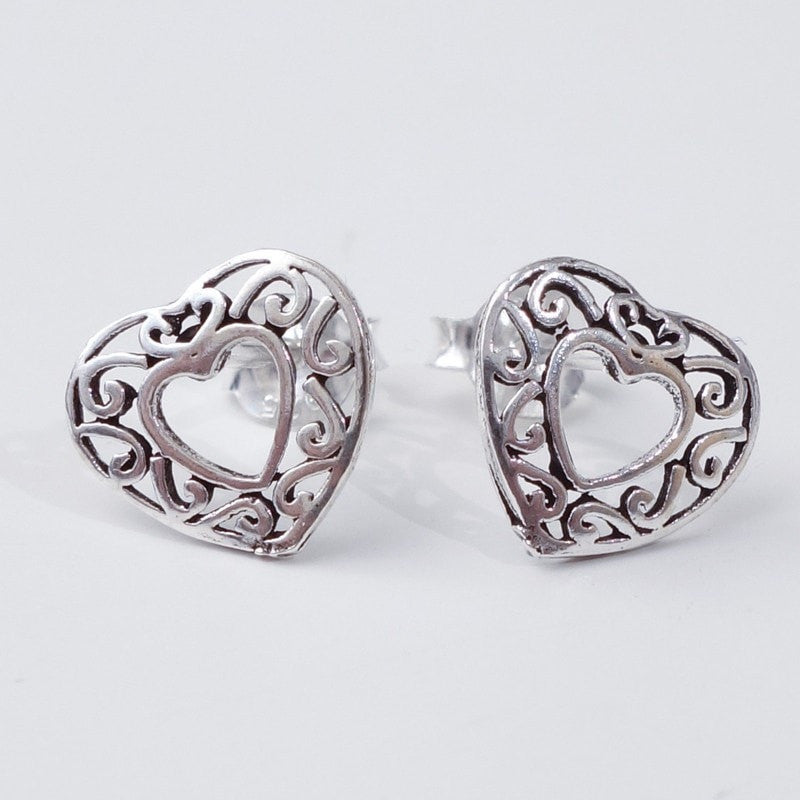 Filigree Silver Heart Studs