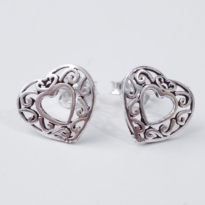Filigree Silver Heart Studs
