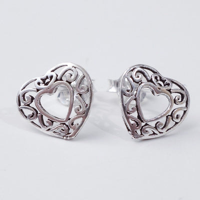 Filigree Silver Heart Studs