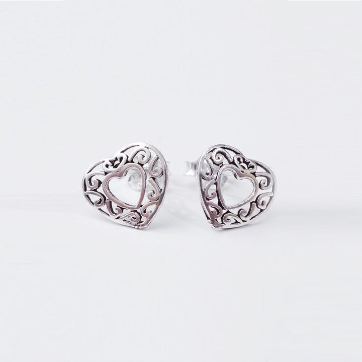 Filigree Silver Heart Studs