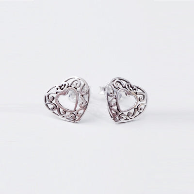 Filigree Silver Heart Studs