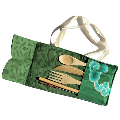 Bamboo cutlery set in cotton pouch