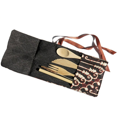 Bamboo cutlery set in cotton pouch