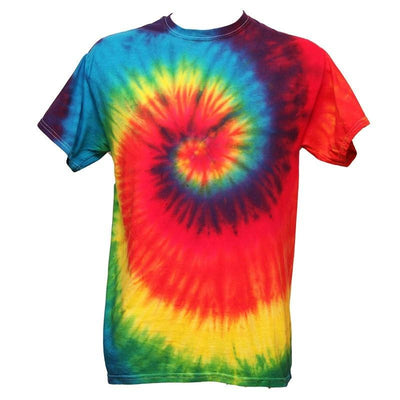 Tie dye mens fit t-shirt in a spiral design starting from the centre of the chest - Bright Rainbow