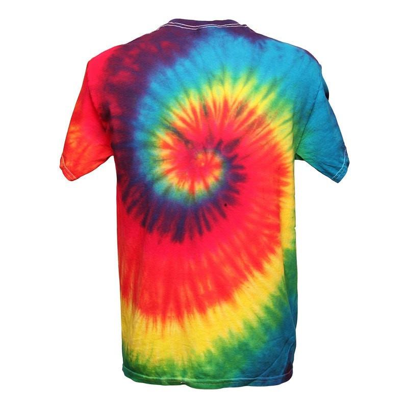 Tie dye mens fit t-shirt in a spiral design starting from the centre of the chest - Bright Rainbow, Back view