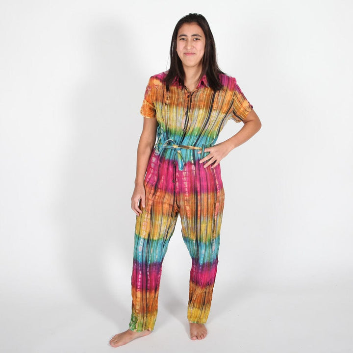 Tie Dye Short Sleeve Seersucker Jumpsuit
